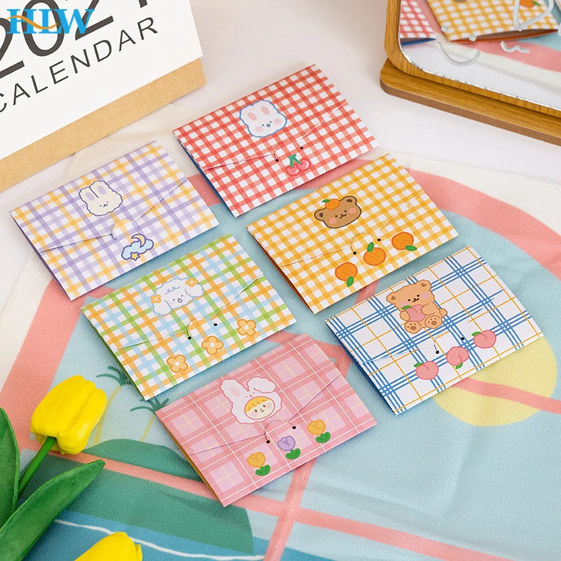 Cartoon Cute Plaid Bear Bunny Envelope Foldable Message Card Birthday Wishes Card Greeting Small Stationery Gift 10pcs/lot 3d pop up card birthday greeting cards