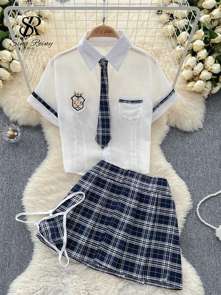 SINGREINY Preppy Style Sheer Sexy Suits Women Porn Top Plaid Mini  