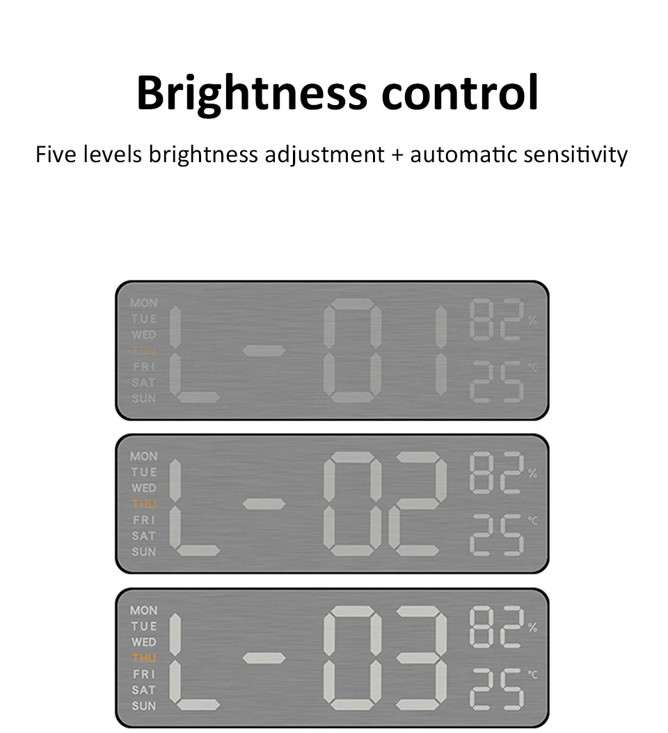 Description Picture 6 of itemCreative Digital Wall Clock Temp Week Display USB Powered Table Clock Wall-mounted Auto Dimmer Dual Alarms Metal Brushed Clocks