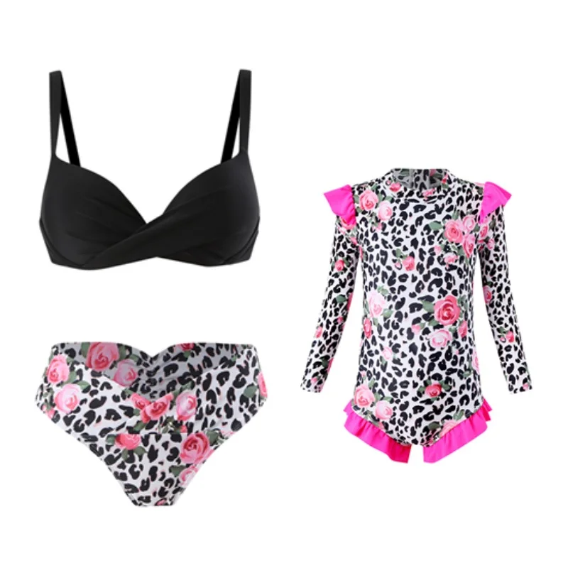 

Leopard Mother Daughter Matching Swimsuits Family Set Flower Mommy and Me Swimwear Beach Women Girls Bikini Dresses Clothes 2024