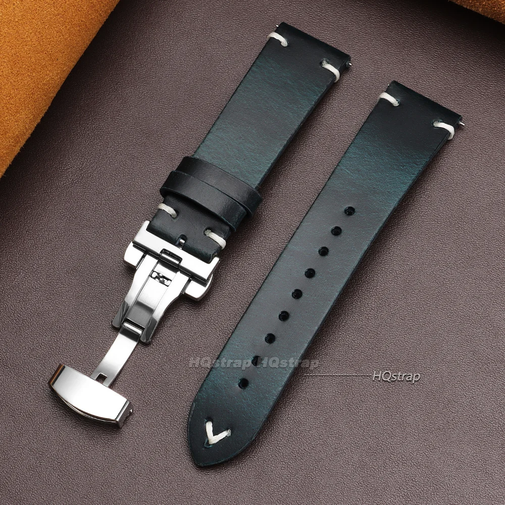 Vintage Brown Leather Cowhide Watch Strap with Quick Release and Butterfly Buckle