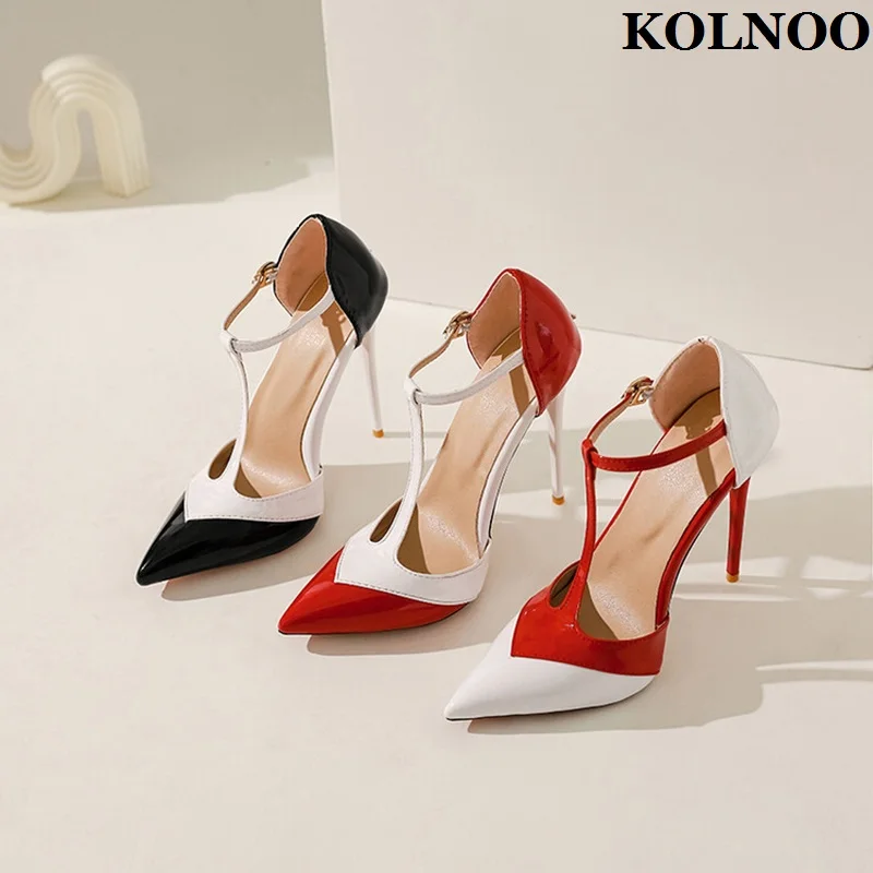 

Kolnoo Handmade New Stiletto Heel Ladies Pumps Patchwork Leather T-strap D'orsay Style Large Size Evening Party Fashion Shoes