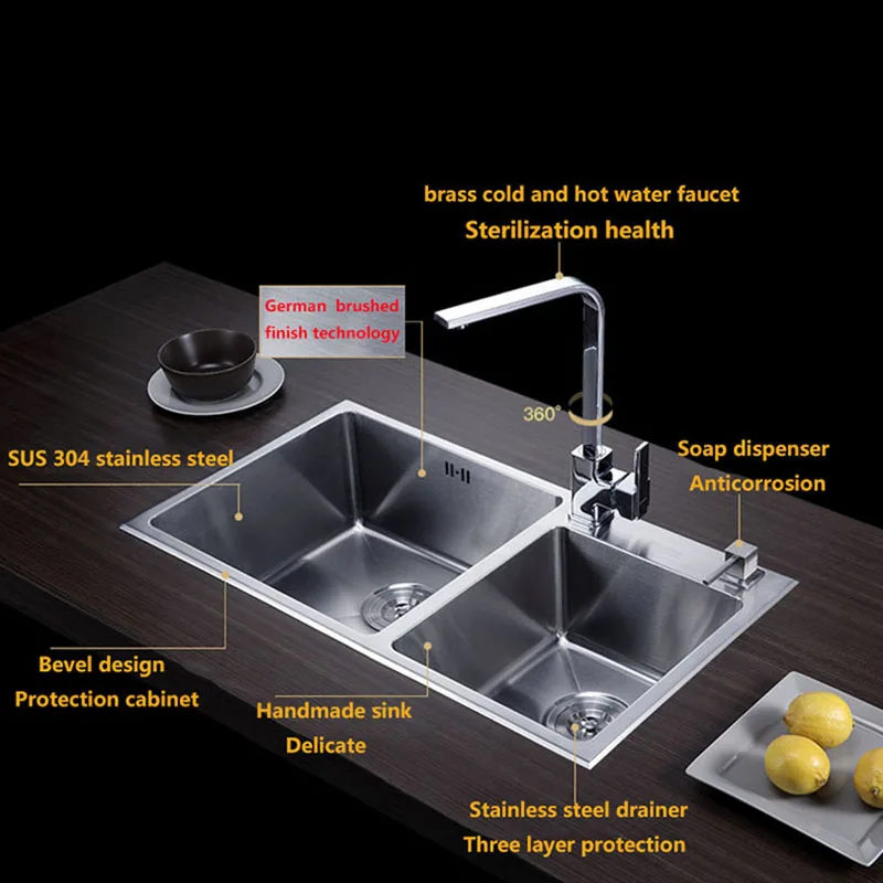 Kitchen Sink Double Groove Double Bowl Vegetable Washing Basin Pots 304 Stainless Steel Kitchen Sinks with Soap Dispenser