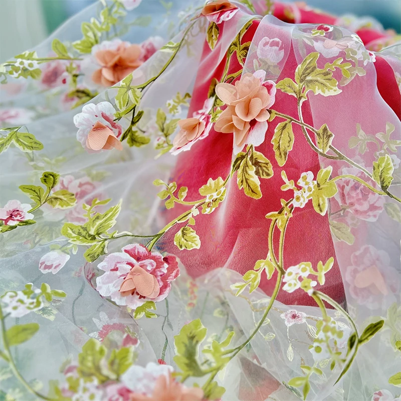 1yard 3D handgemachte Blume Chiffon Stickerei Stoff Organza gedruckt Zweig Blumen Stoff für DIY Hochzeit Kleid Nähen Gaze Tuch – Detail 4