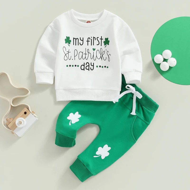 

Baby Girl St Patricks Day Outfit Spring Long Sleeve Shamrock Letter Print Sweatshirt Tops Pants Set Cute Baby's Clothes Sets