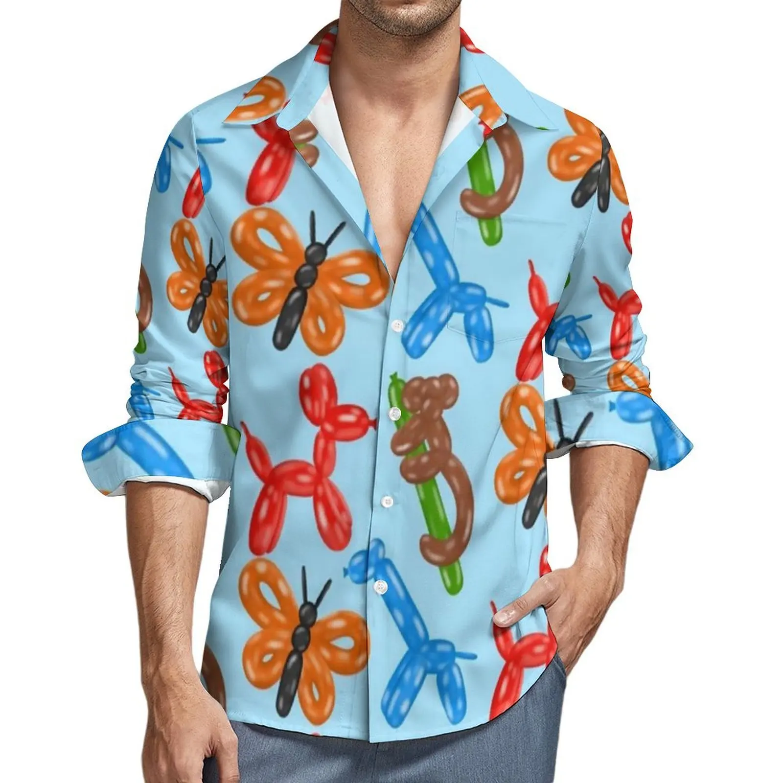 

Abstract Balloon Shirt Spring Cartoon Animals Pack Casual Shirts Male Trendy Blouse Long Sleeve Printed Y2K Funny Top Big Size