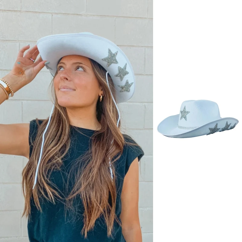 Lightweight Rhinestone Star Fedora Hat for Women Men Breathable Cowboy with Brim Western Jazz Felt Casual Hats F3MD