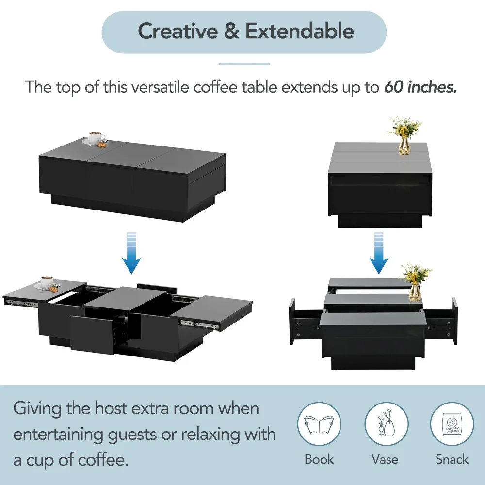 Modern Extendable Coffee Table - Rectangle Cocktail Table with Hidden Storage - Black 3