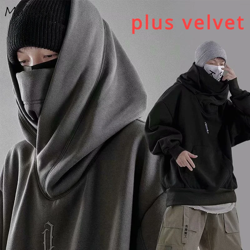 

Techwear Hoodies Men Plus Velvet Hooded Turtleneck Vintage Cool Teens Designed High Street Coats Fashion Sweatshirts Streetwear