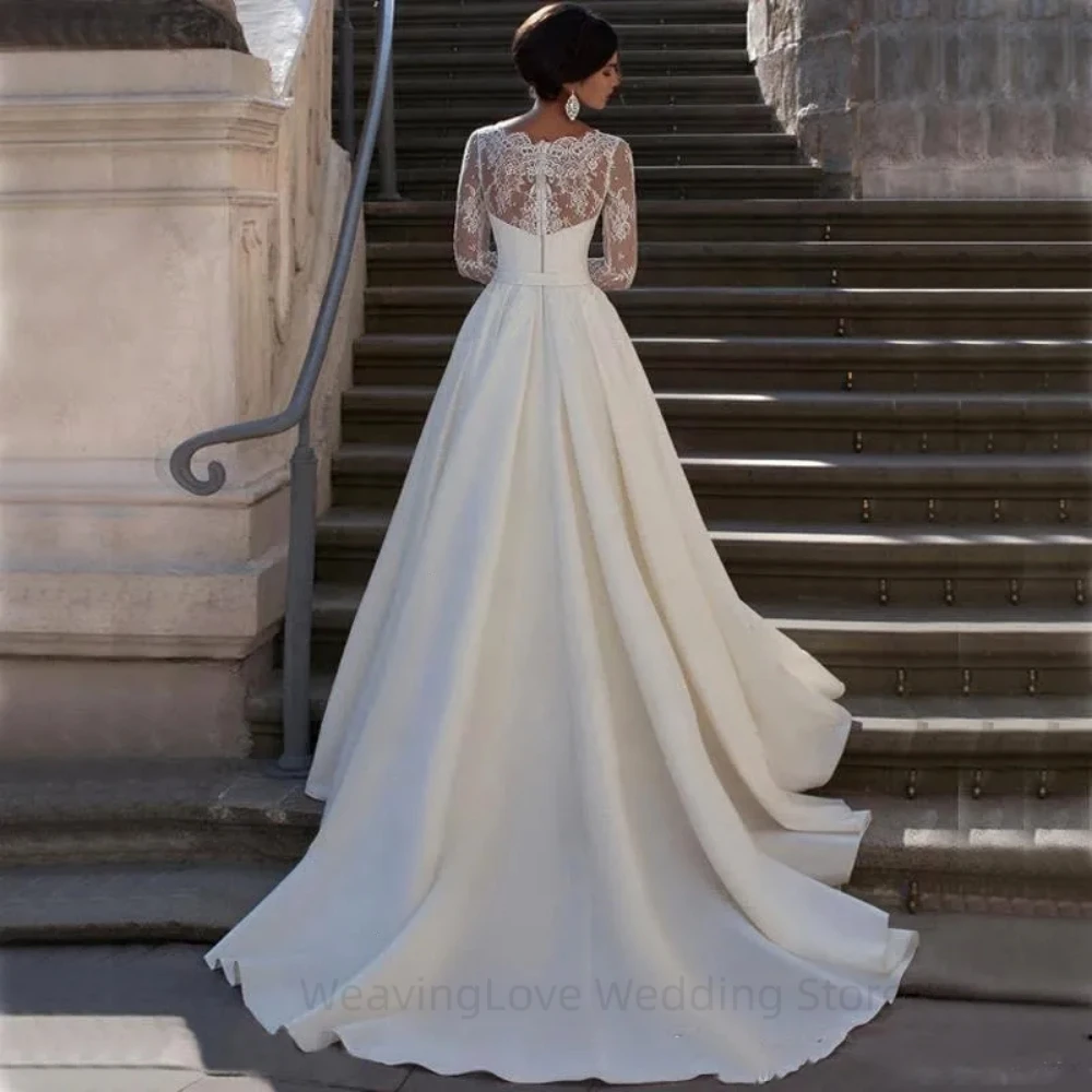 

Роскошное Свадебное платье, скромное кружевное платье-трапеция с аппликацией, атласное платье с V-образным вырезом и длинным рукавом для женщин, элегантное платье принцессы