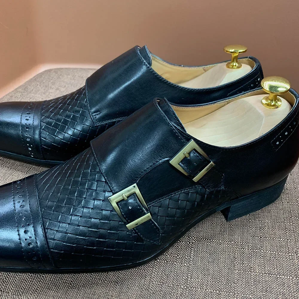 Classic Mens Dress Shoes Genuine Leather Double Buckle Monk Strap Cap Toe Blue Black Wedding Business Formal Suit Shoes for Men