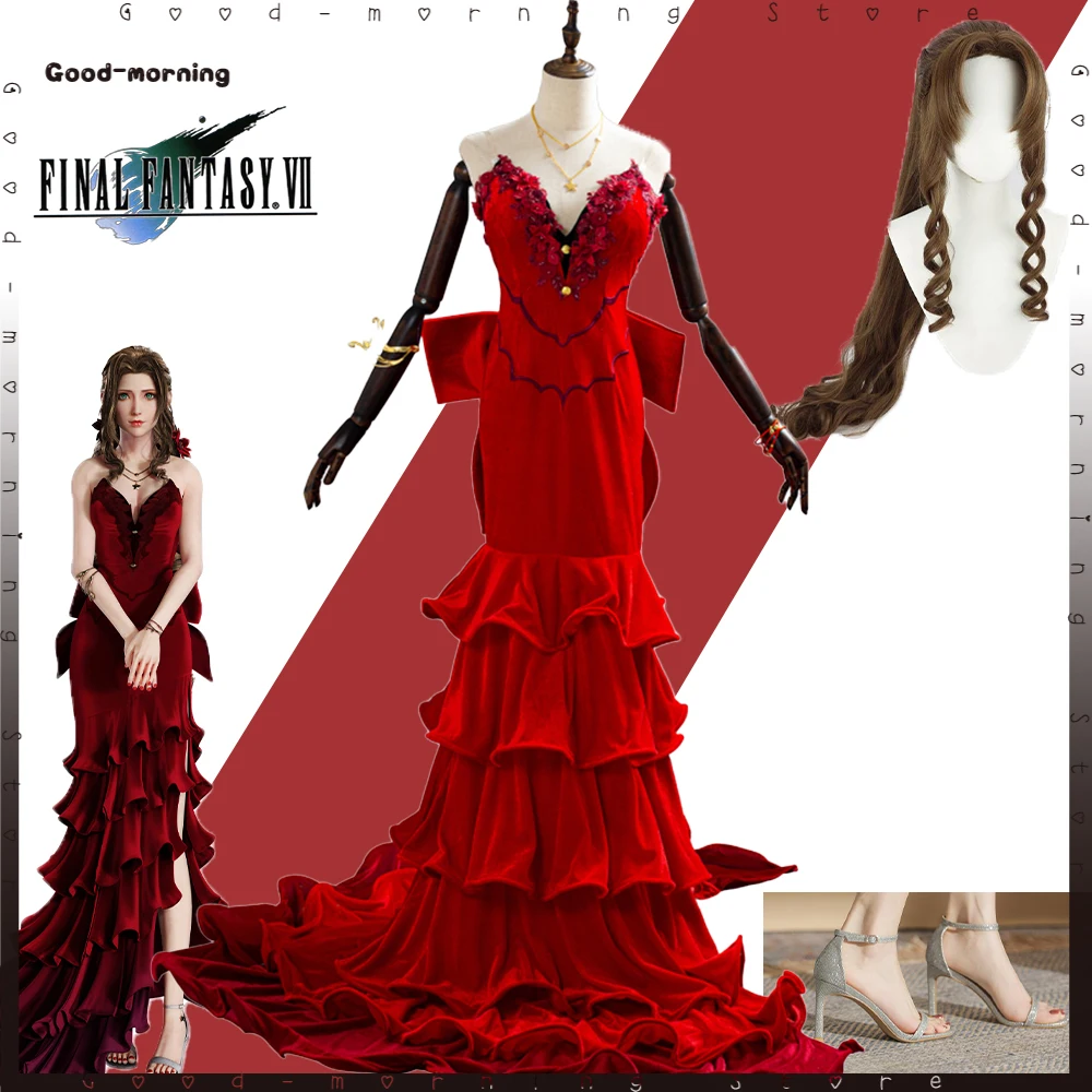 

Game FF 7 Final Fantasy VII Aerith Gainsborough Cosplay Costume Red Gown Wig shoes Halloween party Adult Women Gown customize