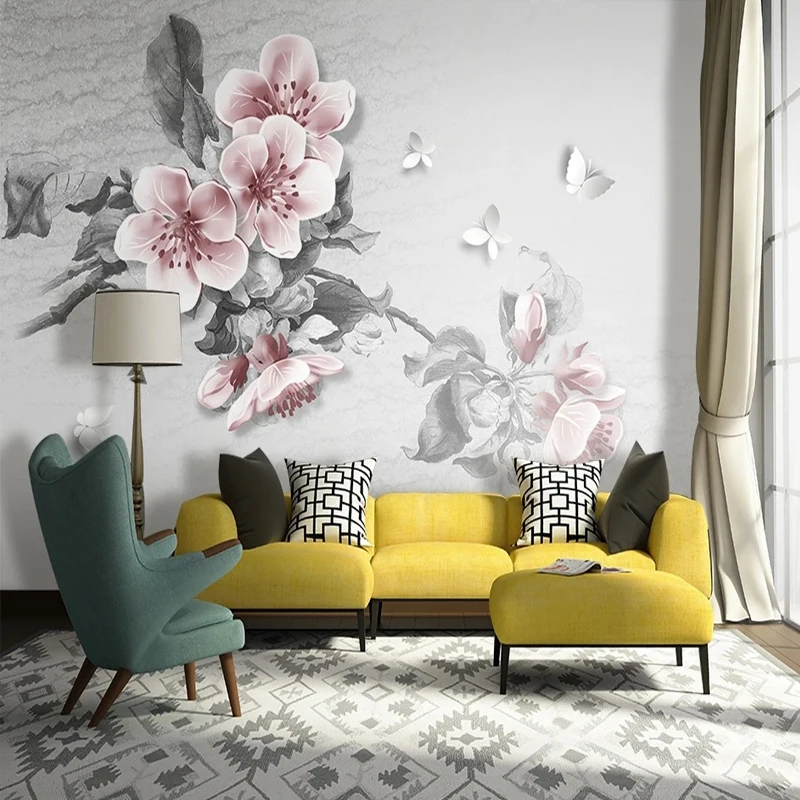 Custom Large Size Wallpaper Pastoral Style 3D Flowers Butterfly Painting Mural Paper for Bedroom Living Room Home Decoration