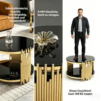 Table basse moderne en verre noir, luxe, ronde, double plateau en verre avec base en acier doré pour salon, bureau à domicile 3