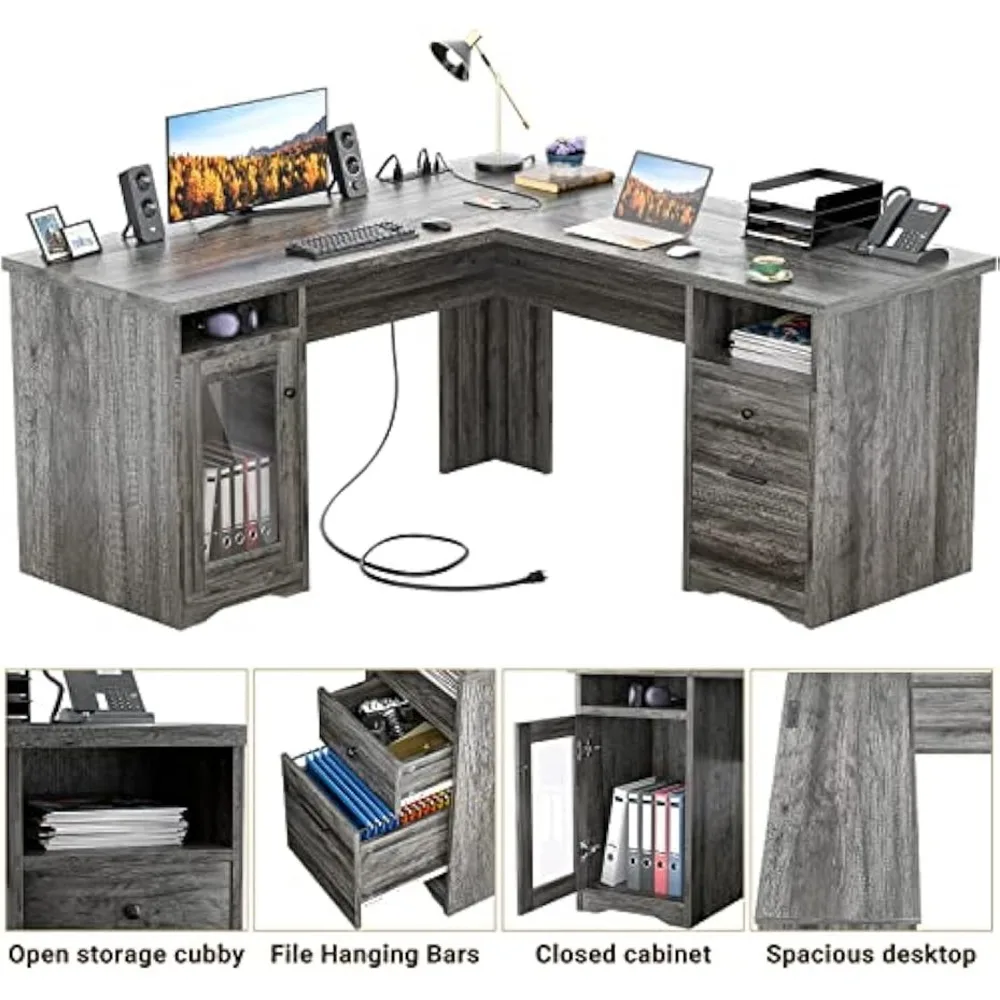 L Shaped Desk with Drawers, 60 Inch Corner Computer Desks with USB Charging Port and Power Outlet, Large 2 Person Home Office T 5