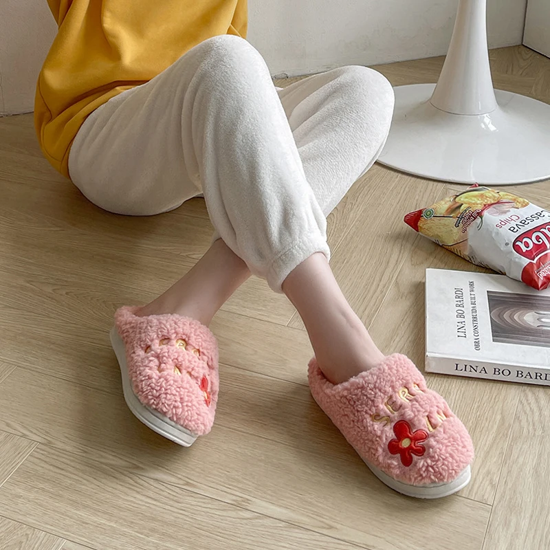 Fuzzy Women Slipper floral Winter Warm Kawaii Plush Contton Indoor Floor Non Slip House Home Men Male Shoes Female 2024 New In