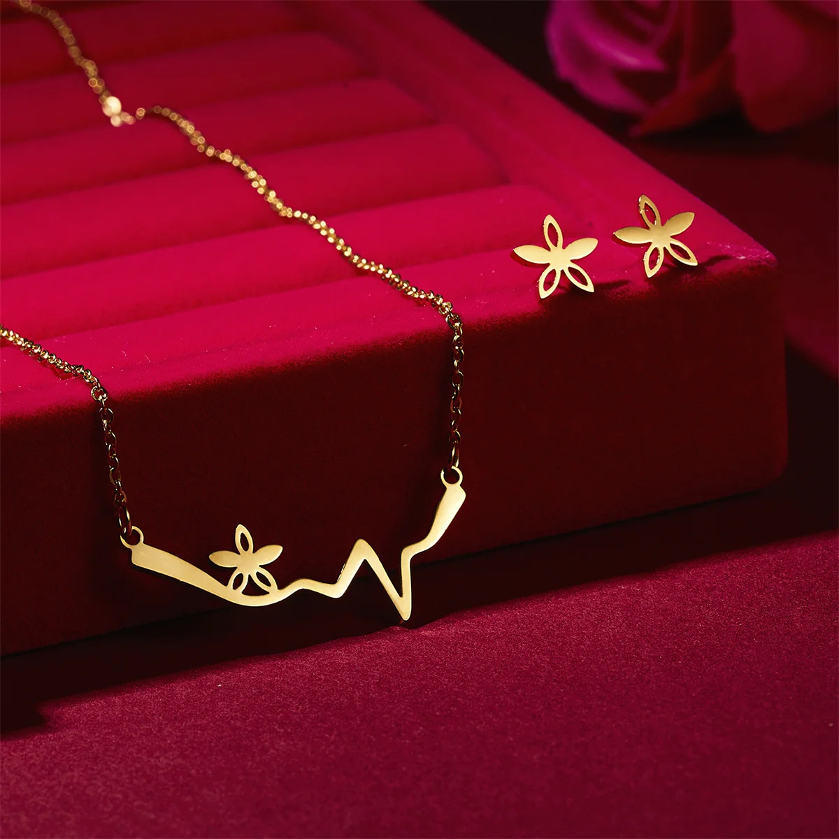 Classic Stainless Steel Cat Pendant Necklace Earrings Set For Women Cartoon Butterfly Star Flower Jewelry Set Anniversary Gifts - Image 5