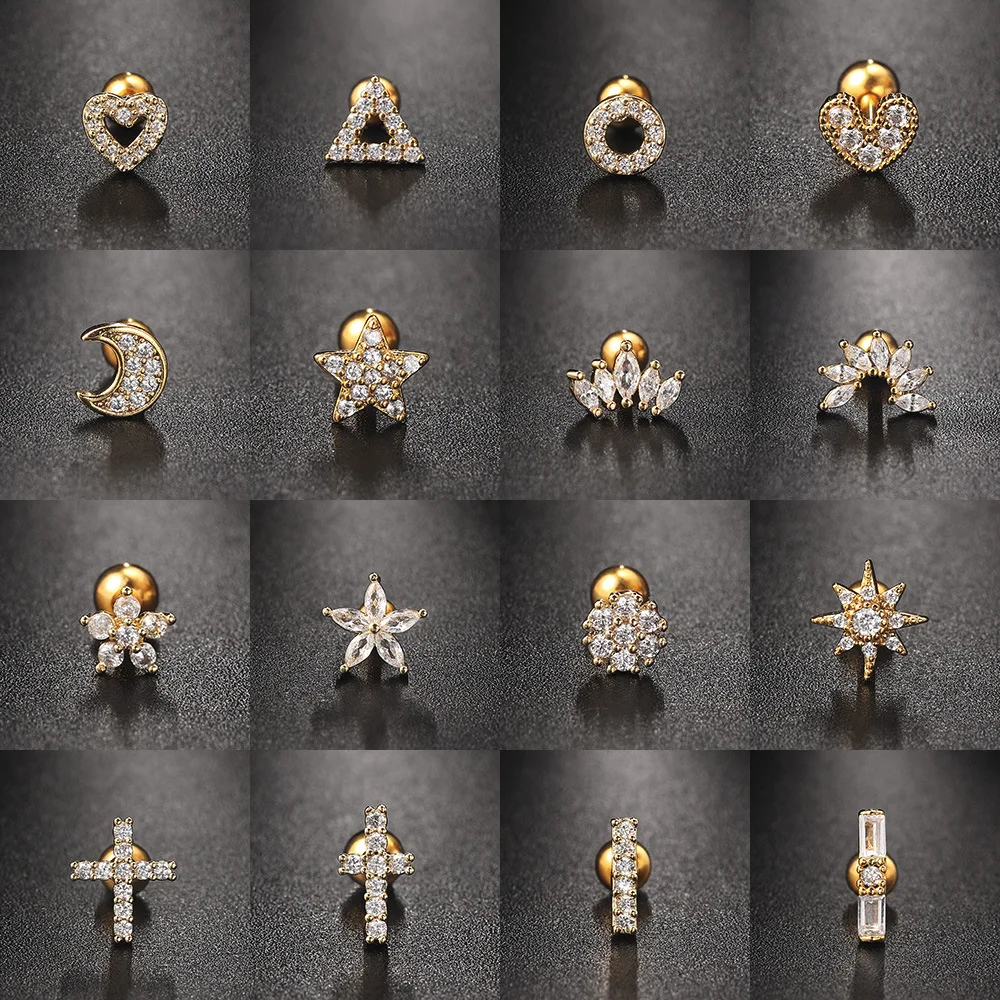 1PC flower earrings star earrings stud earrings Stainless Steel Screw Stud Earring Flat Helix Lobe Rook Cartilage Earing Hot Trend Jewelry