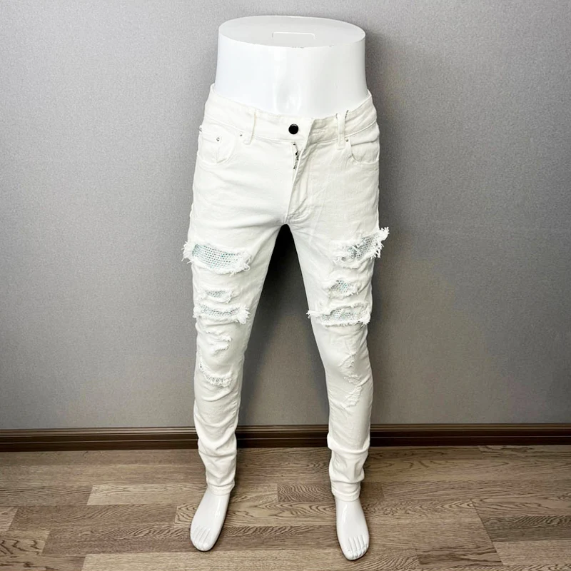High Street Fashion Men Jeans White Elastic Stretch Skinny Ripped Jeans Men Beading Patched Designer Hip Hop Brand Pants Hombre