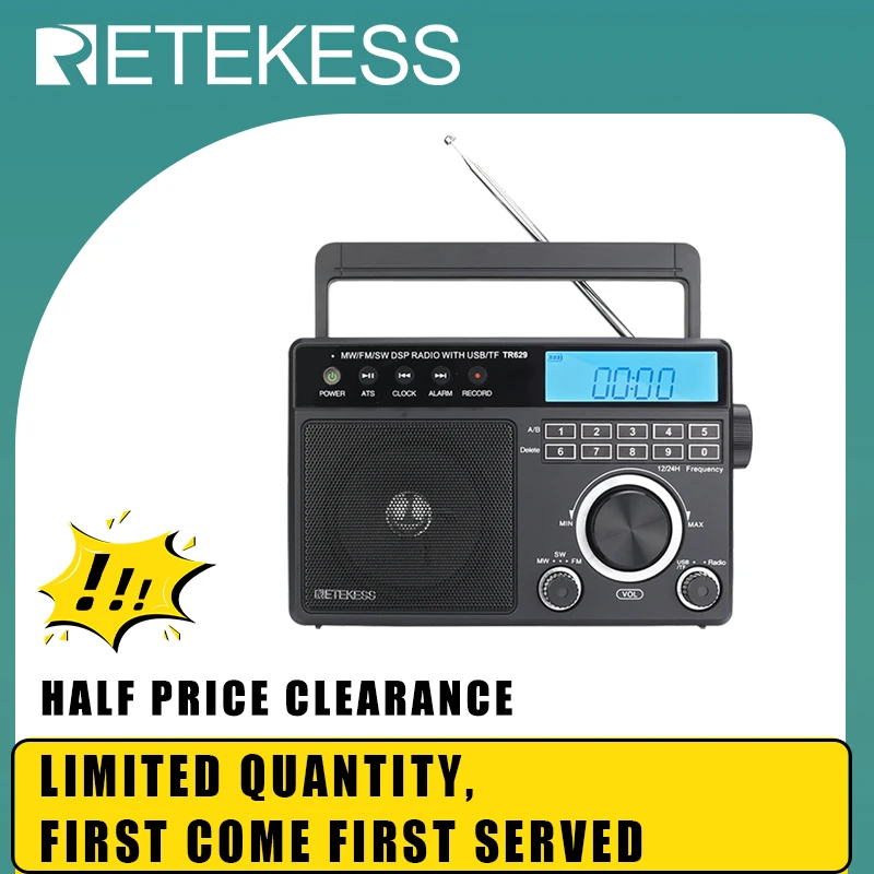 Retekess TR629 Draagbare Radio, AM FM SW Wereld Ontvanger Radio met DSP, Ondersteuning U Disk/Sd-kaart Klok Wekker voor Ouderen