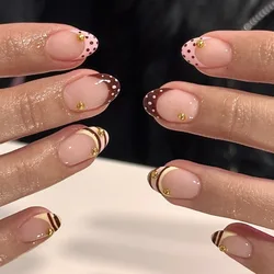 Elegant French Almond False Nails - 24Pcs Pink Stiletto with Glue & White Edge Design (49)