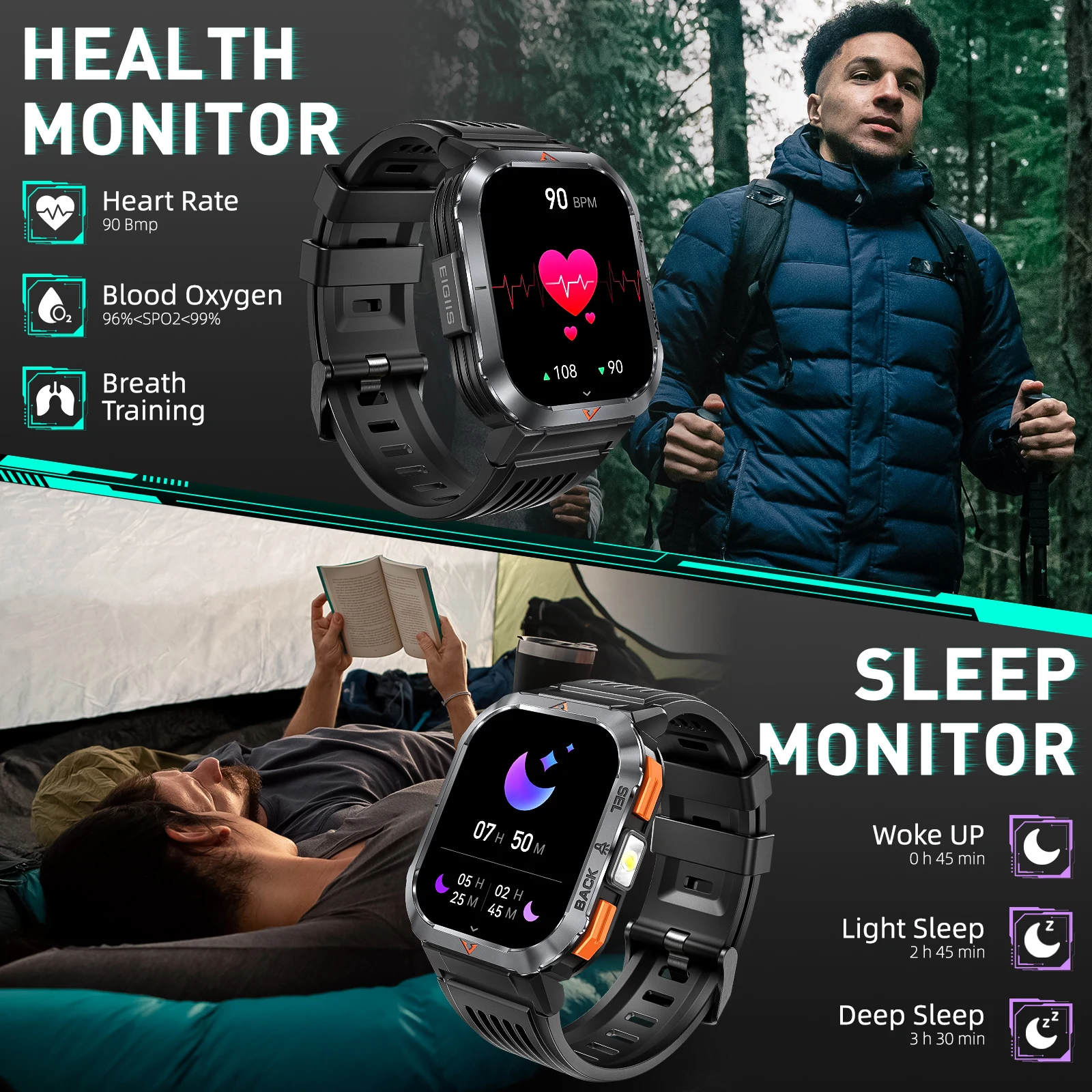 EIGIIS Smart Watch 3ATM Waterproof 2.02" TFT S50 Men Sport With Compass And LED Flashlight Health Monitoring Fitness Tracking Bl - Image 6