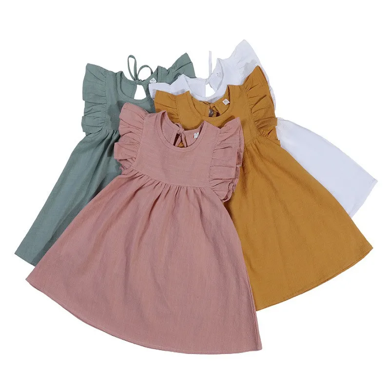 

Girls clothing Solid Color Flying Sleeve Dress Girls' Back Neck Lace Up Dress Princess Dresses