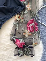 SINGREINY Vintage broderie gaze Sexy body col montant à manches longues combishorts mode épissé femmes ouvert entrejambe barboteuses 5