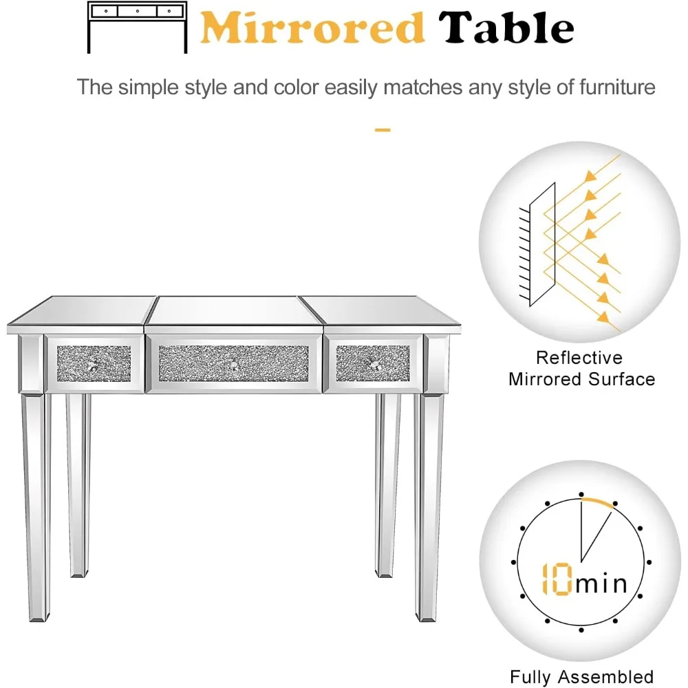 Mirrored Vanity Desk With Drawers and Flip Mirror, Glass Table, Silver Makeup Desk for Bedroom/Makeup Room