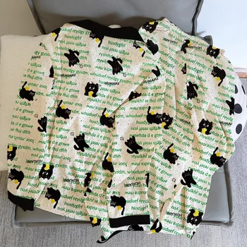 رسالة القط طباعة Y2K الفرنسية الجمالية قطعتين مجموعة المتسكعون خمر موضة التلبيب الرقبة المرأة منامة جديد الخريف منامة مجموعة 2