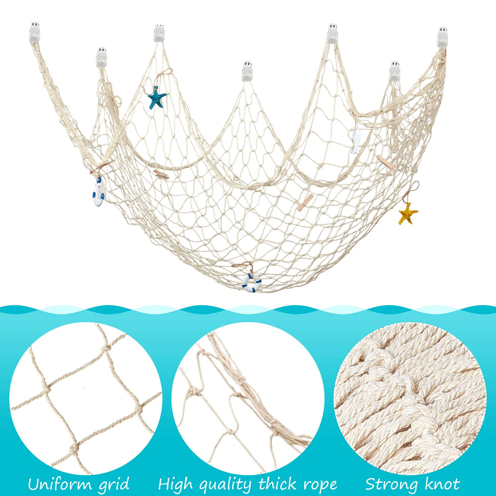 Resin Starfish Ornaments Fishing Net Wall Decoration 16pcs Nautical Fish Net Wall Decoration with Starfish Ornaments and Clips for Pirate Party Photographing Decor
