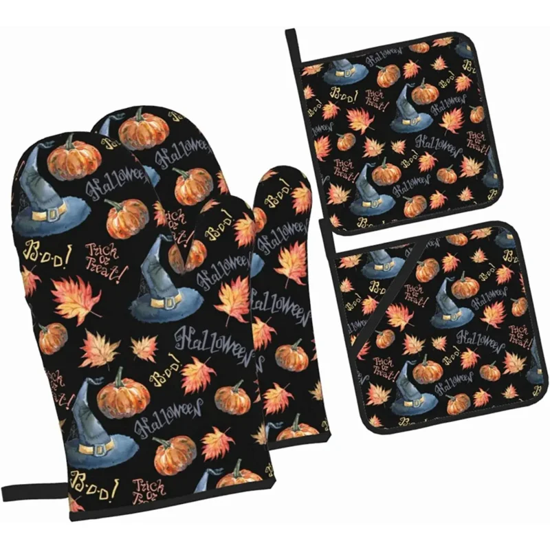 

Halloween Oven Mitts and Pot Holders Sets of 4 Autumn Pumpkin Witch Hat Kitchen Potholder Gloves Heat Resistant Non-Slip