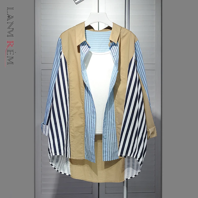 LANMREM Design Colorblock Irregular Patchwork Striped Shirt For Women 2025 Autumn New Loose Casual Single Breasted Blouse Top