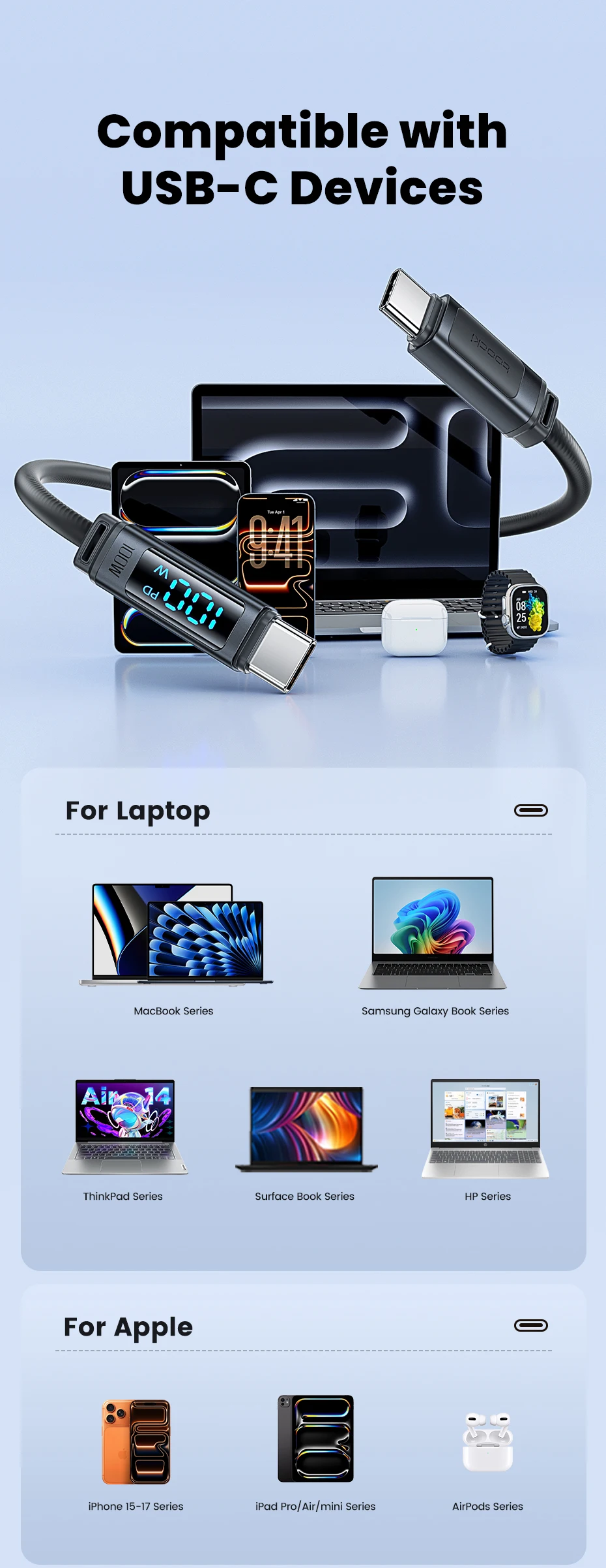 Toocki PD 100W USB-C zu USB-C Kabel 60W Typ-C zu Typ-C mit Digitalanzeige Weiches Silikonkabel Schnelles Laden für iPhone 17 Samsung – Detail 12