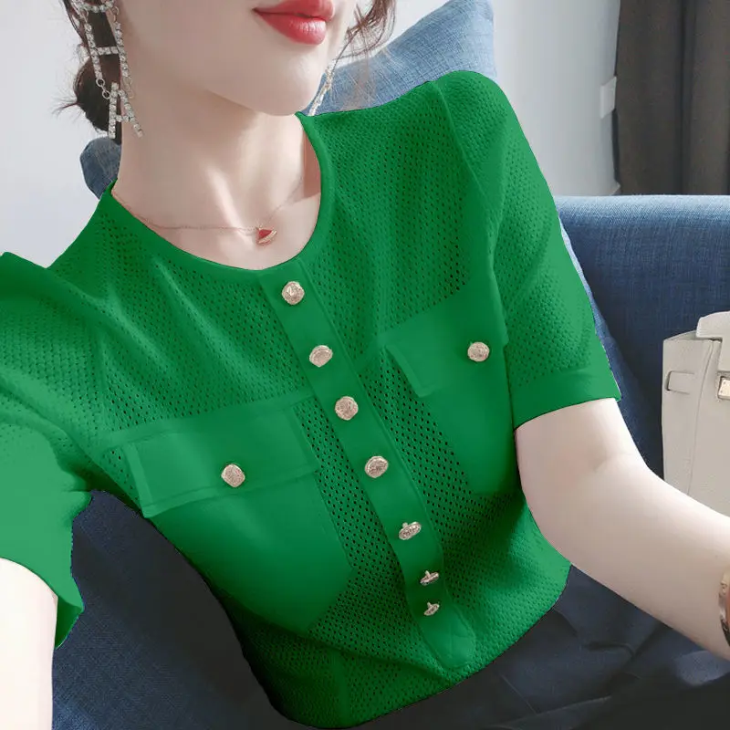 

Fashion O-Neck Solid Color 2024 New Pockets Hollow Out Blouse Female Clothing Summer Casual Tops Loose Commute Shirt