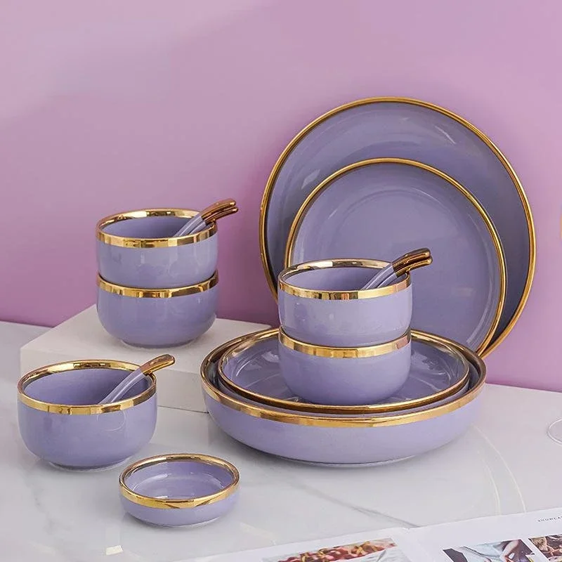Purple Porcelain Plates Plates Dinner Dinnerware Set Food Luxury Dinner Dishes Soup Salad Bowl Dessert Ceramic Cake Plate