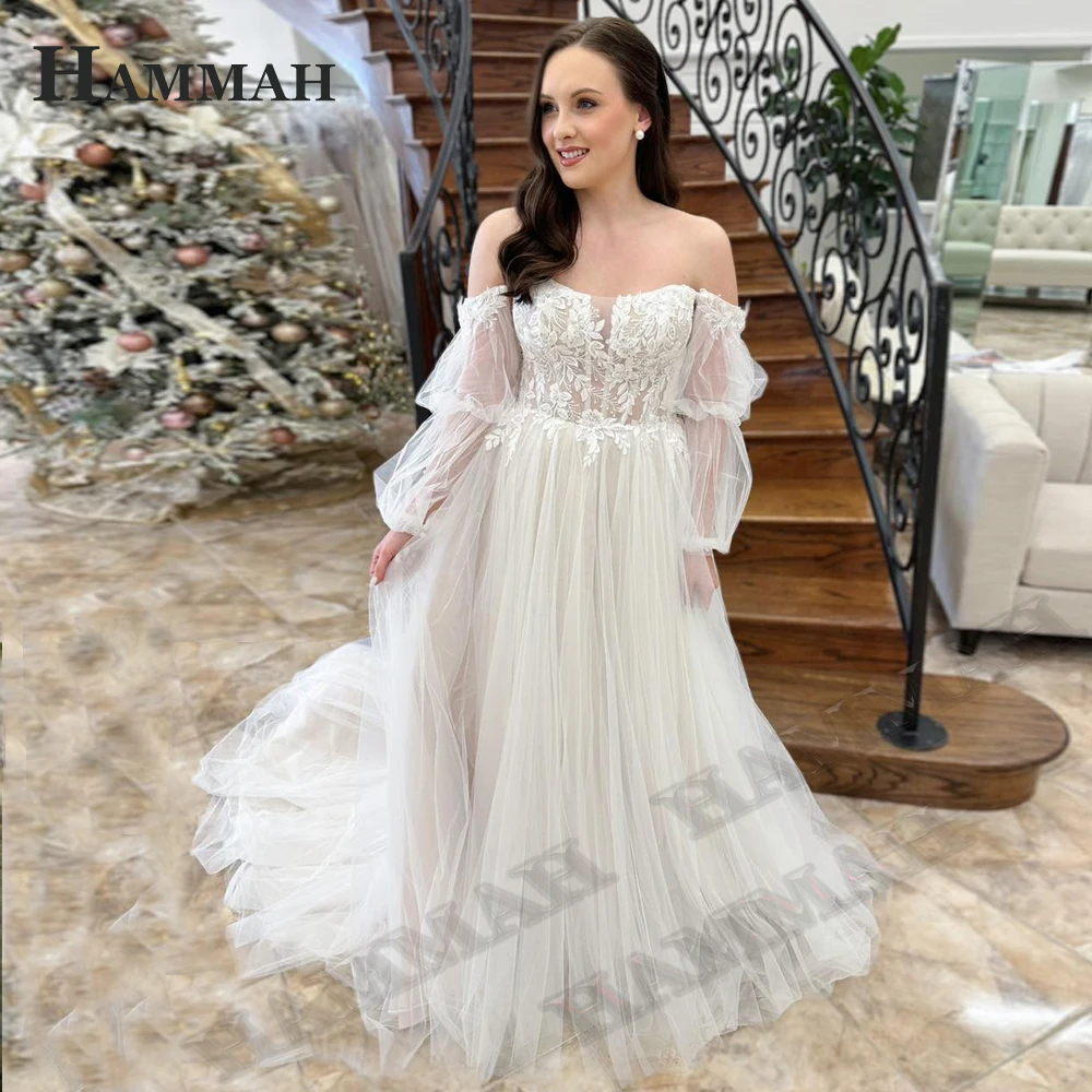 

HAMMAH Strapless Appliques Wedding Gown For Bride Long Lantern Sleeve A Line Button Tulle Court Train Vestido De Casamento