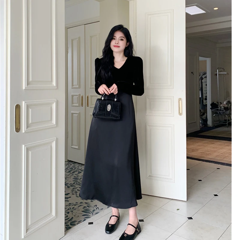 

Элегантное бархатное длинное платье для женщин большого размера 4XL осенне-зимнее свободное женское черное платье с V-образным вырезом теплое платье из двух частей