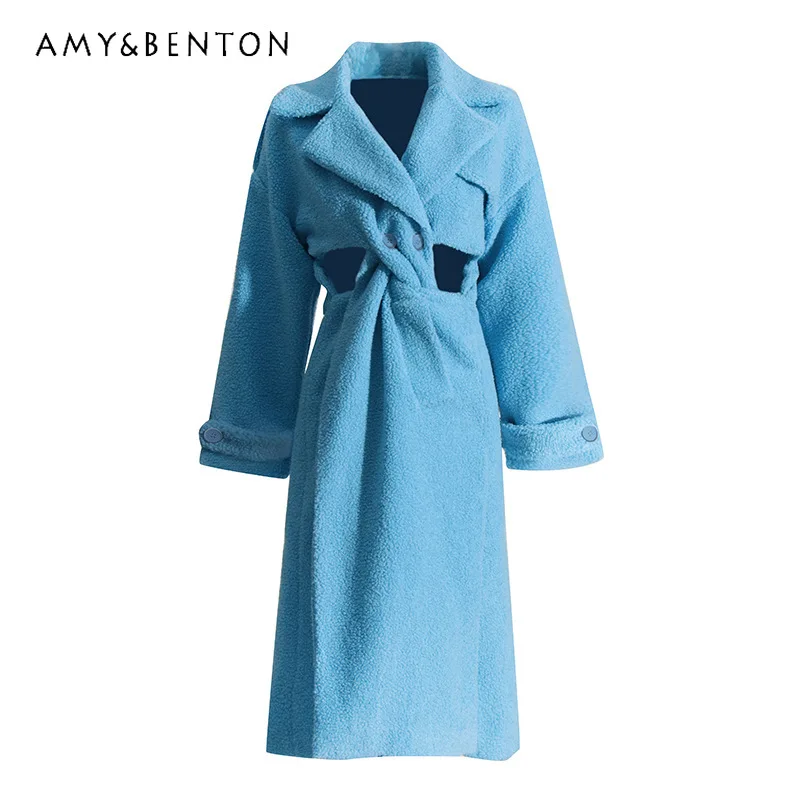 

2023 Autumn And Winter New Soft Comfort Fashion Design Hollow Twist Solid Color Warm Keeping Long Woolen Coat Women's Clothing