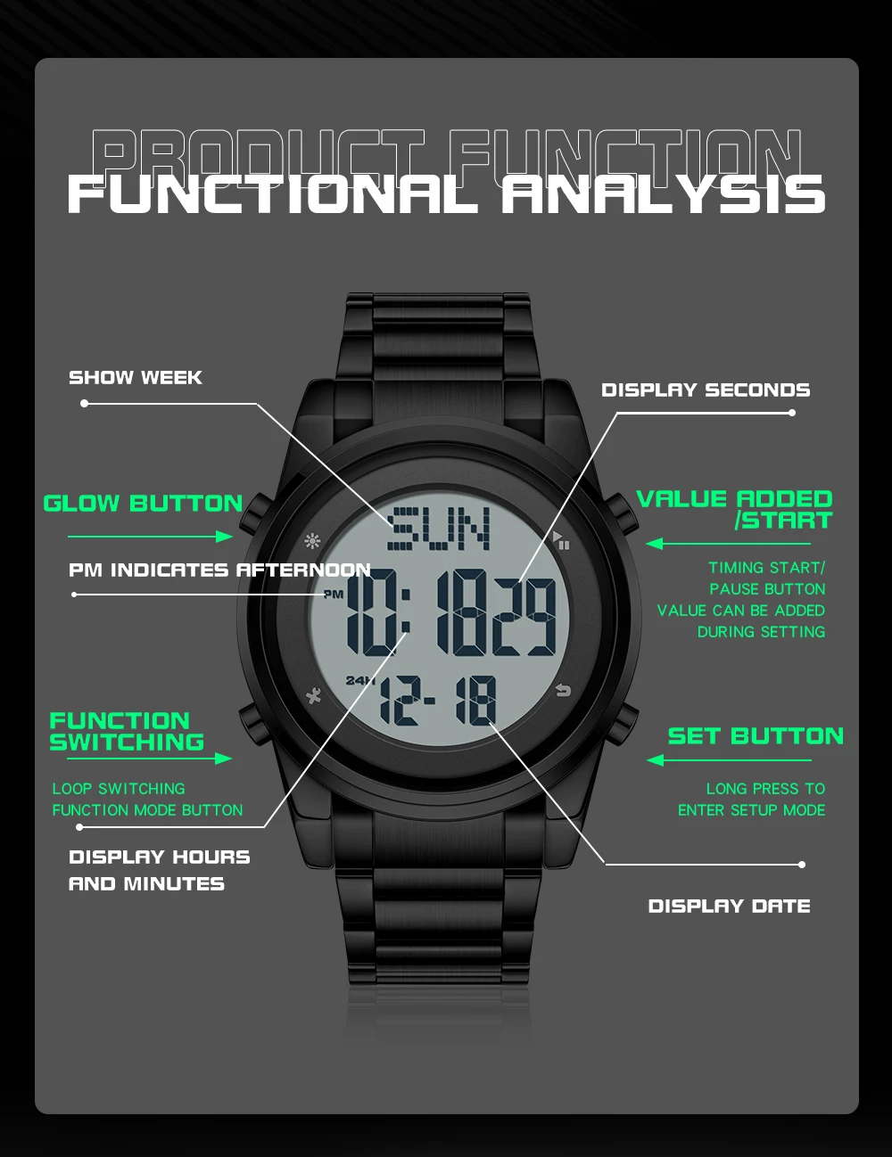 SANDA 6160 Outdoor Sport Watch 5ATM Waterproof Digital Led Watches Date Week Alarm Clock Wristwatches For Men Women Reloj Hombre