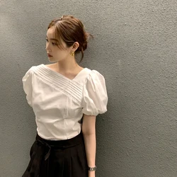 MEXZT Korean Elegant Chic Blouse Women Summer Pleated Puff Sleeve Shirts Office Lady Fashion Slim Solid Folds V Neck Chic Tops