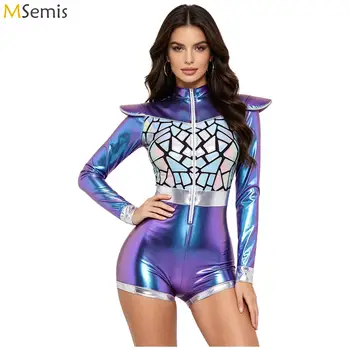 Womens Holographic Shiny Metallic Long Sleeve Bodysuit Rave Clubwear Glitter Sequin Long Sleeve Front Zipper Rompers Jumpsuit
