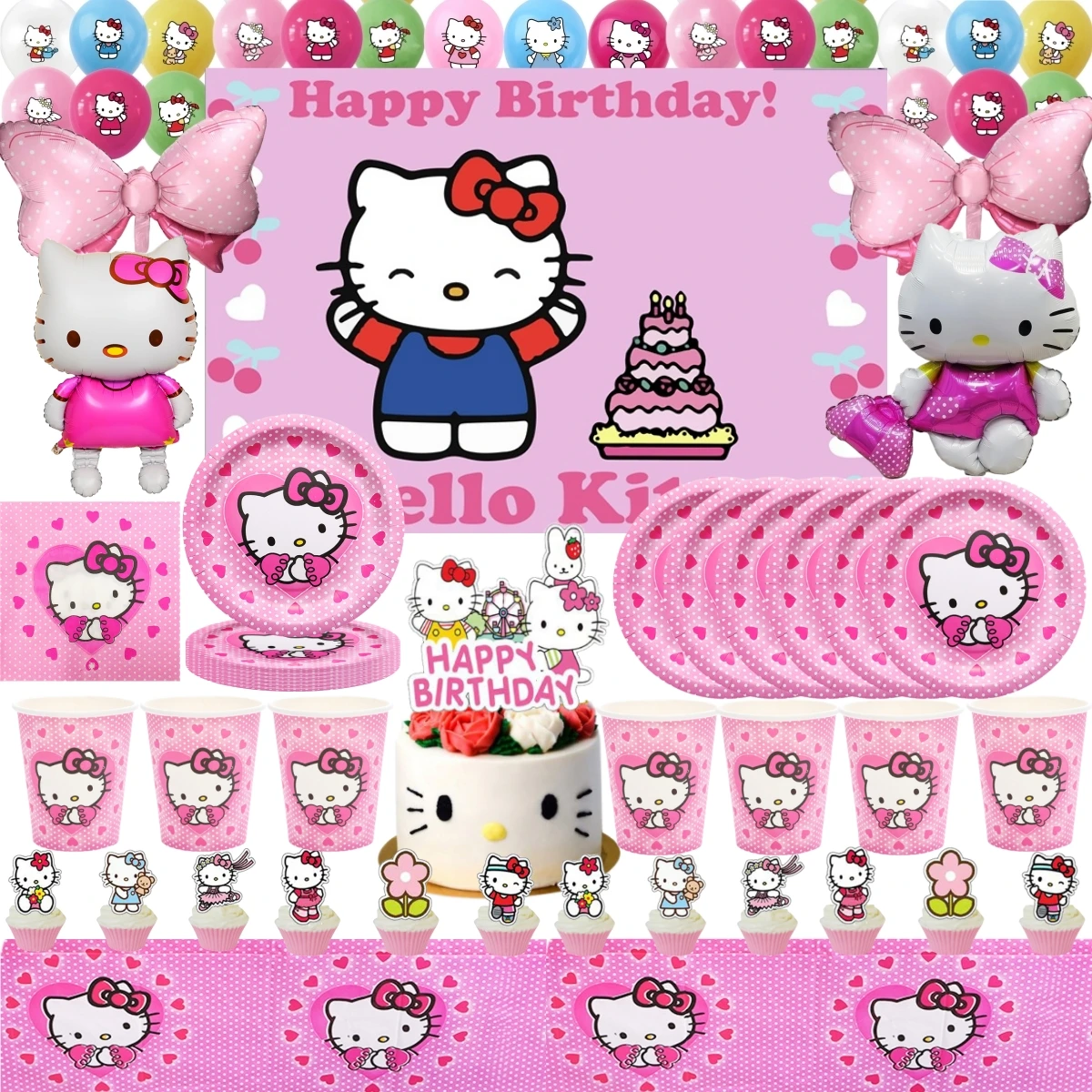 Pink Hello Kitty Birthday Party Decoration Plate Disposable Tableware Backdrop Balloon Baby Shower Girls Toy Gift Party Supplies hello kitty gift bags birthday party decoration kawaii kuromii cinnamorolll candy bag baby shower kids favors for party supplies