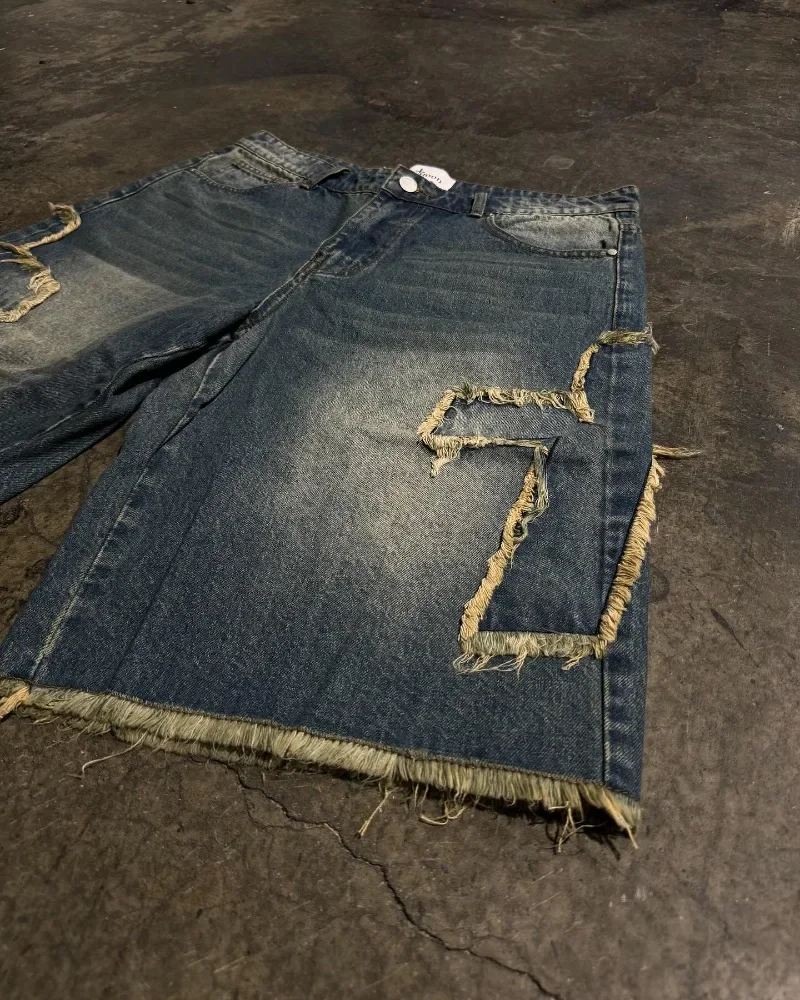 Cross raw edge embroidery design oversized y2k denim shorts mens summer street hip hop distressed washed sweatpants