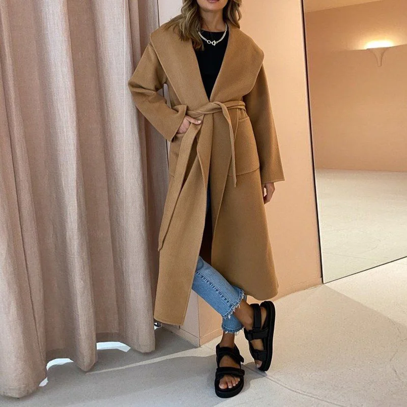 2021 autumn and winter long sleeved double pocket button woolen coat women s clothing fall coats and jackets womencoat Women's Autumn and Winter Brown Big Suit Tie Tie Double-sided Loose Woolen Coat Jacket Female Korean Version Coats and Jackets