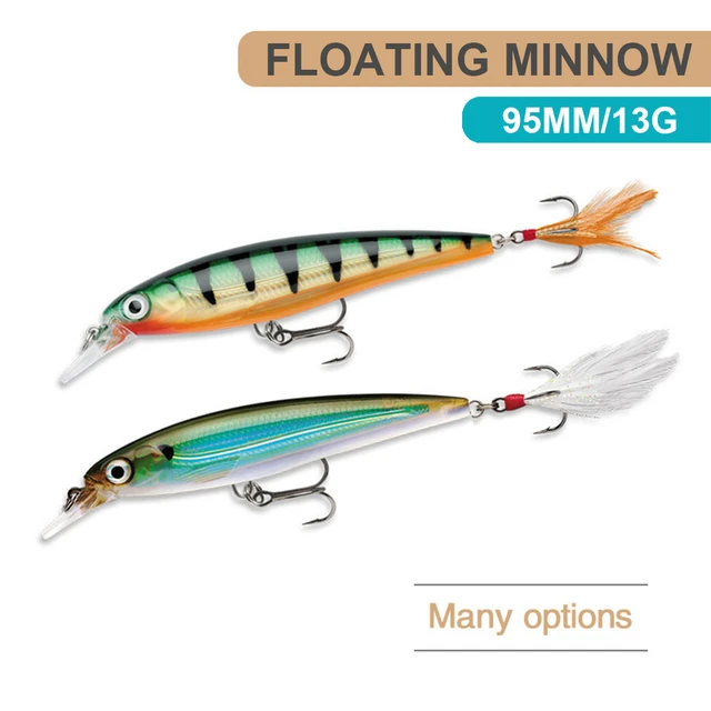 9.5cm 13g Fishing Lure Minnow Wobbler Floating Laser Feather Artificial  Hard Bait Built-in Steel Ball Jerkbait For Trout Bass