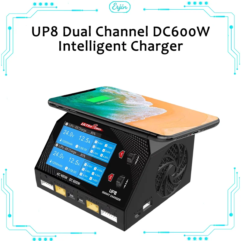 

New Up8 Dual Channel Dc600w Intelligent Charger For Aircraft Model Drone Lithium Battery Balanced Charger With 4 Plugs