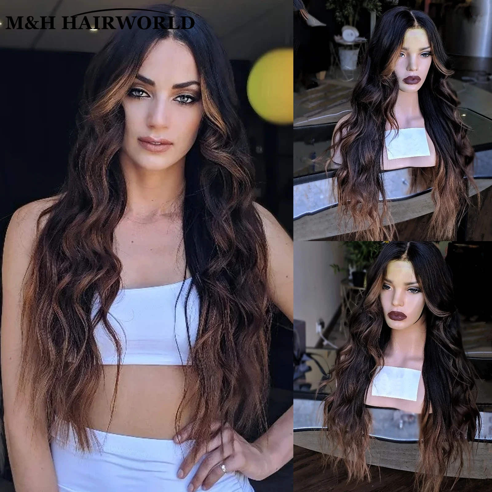 

Black Color Wig With Highlights Cosplay Curly Synthetic Lace Front Wigs Ombre Brown 13x3 Glueless Frontal Lace Wigs For Women