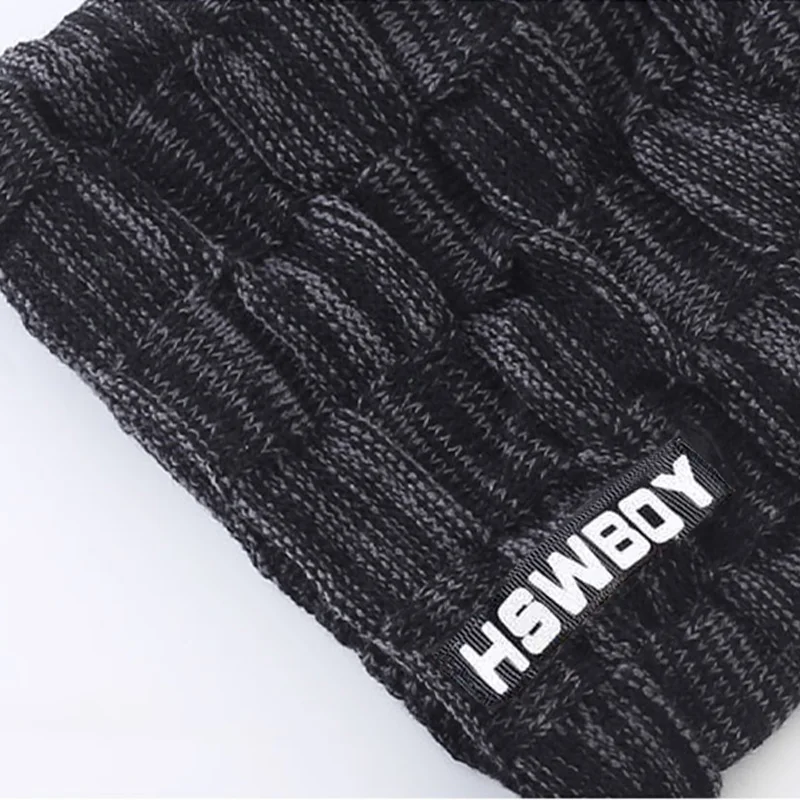 Winter Men Beanie Hat Scarf Set Knitted Warm Skullies Neck With Thicken Lined Male Scarf Cap Set