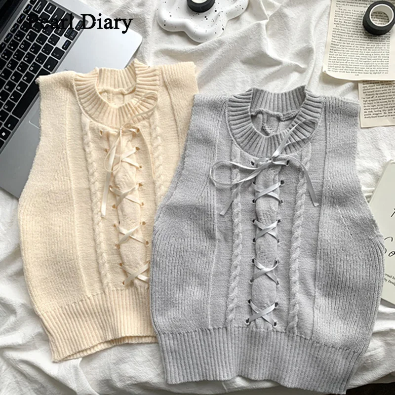 

Pearl Diary Summer Women Solid Color Bandage Design Knit Crop Tops Design Sleeveless Cozy Soft Sweater Vest Slim Vintage Chic To